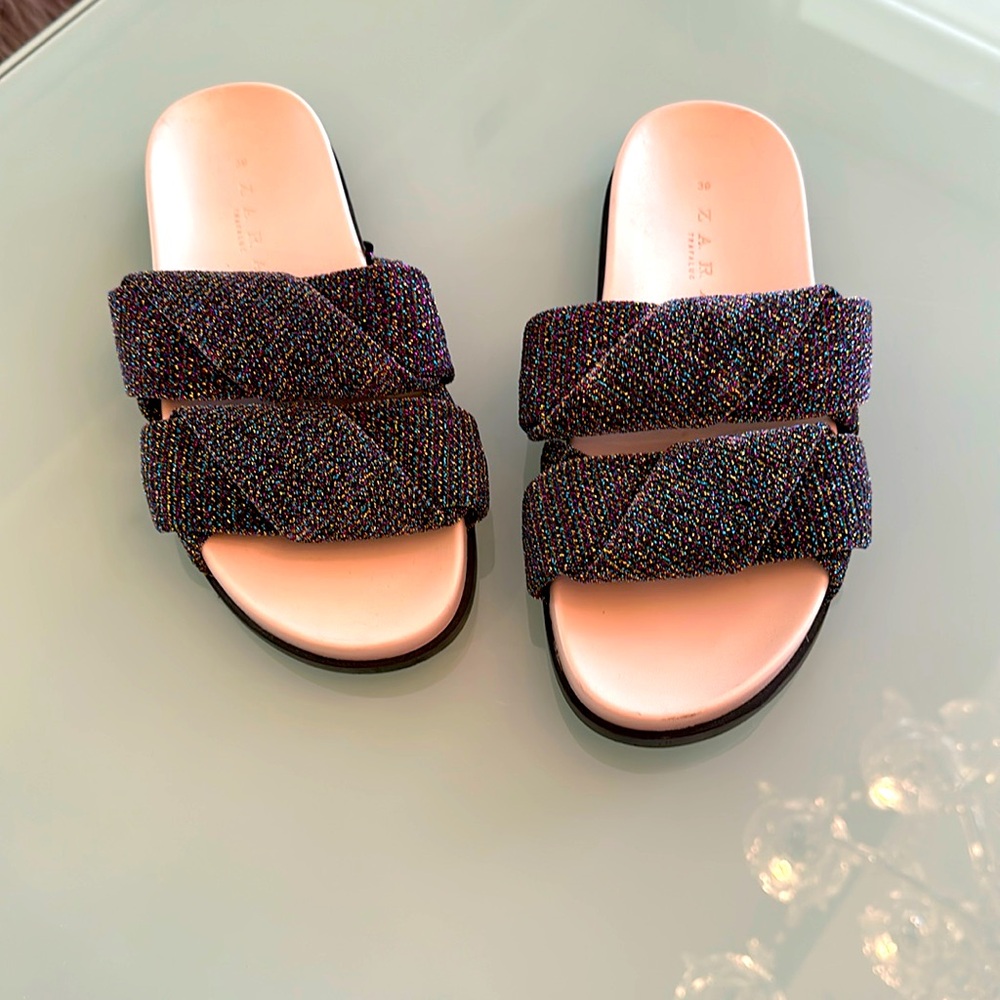 Zara slip on sandals. Black sparkle material. Size 39
